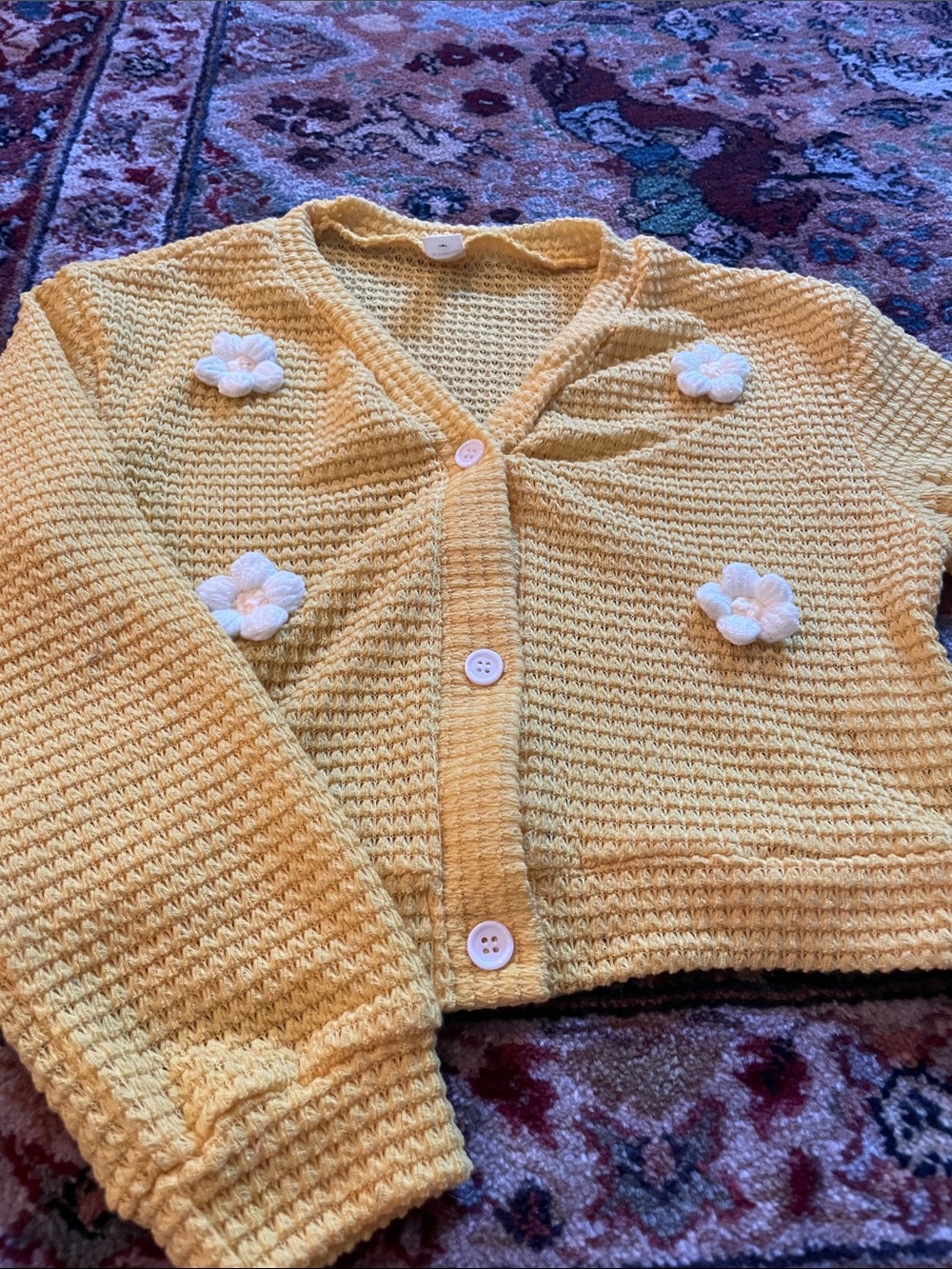 SHEIN Yellow Knit Cropped Cardigan with White Floral Appliqués